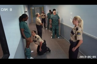 Policia mamandoselo aun recluso en la carcel delante de los demas