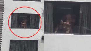 Pareja dominicana singando frente a la ventana y todos se rien de ellos